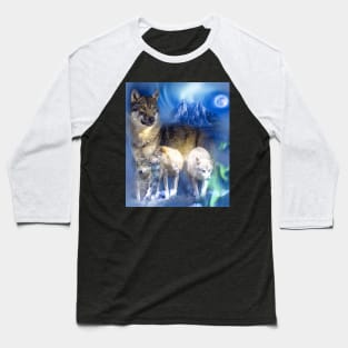 Snow Wolf In Northern-Lights Forest, Moon Wolves Baseball T-Shirt